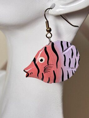 Vintage Colorful Tropical Fish Wood Earrings A75 Wooden Jewelry Handmade